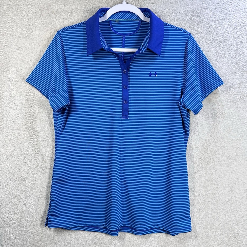 Under Armour Performance Golf Polo Shirt Women's Sz L HeatGear Blue Stripe